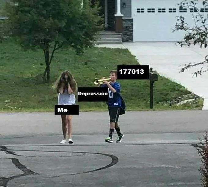 A meme illustrating the emotional damage of reading doujin 177013 (Emergence), portrayed as an unwanted trumpet solo.