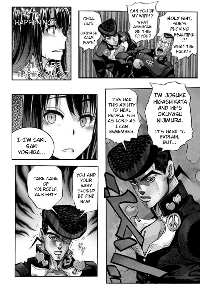 In the JoJo fan crossover, Josuke restores Saki Yoshida and reassures her that both she and her baby will be fine.