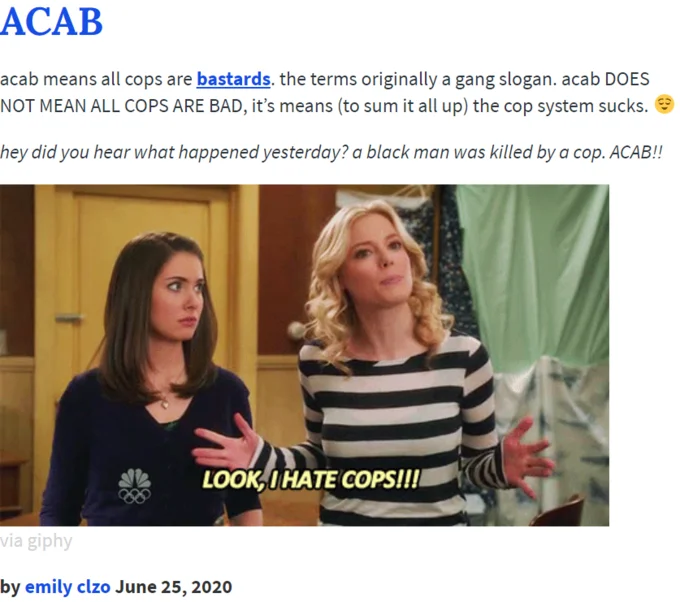 An Urban Dictionary definition of 'ACAB' — one of the slogans invoked in the Emily-typing meme — attributed to user 'emily clzo,' June 25, 2020.