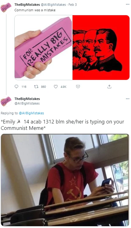 A tweet from @AllBigMistakes explicitly using the 'Emily... acab... blm... is typing' phrasing that names the meme format.