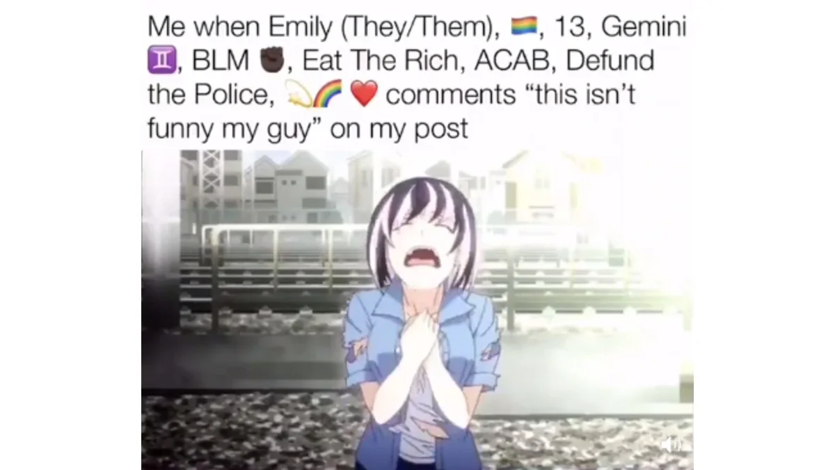 A representative example of the 'Emily (They/Them), BLM, ACAB is typing' meme format, mocking archetypal social-justice commenters via an anime crying reaction image.