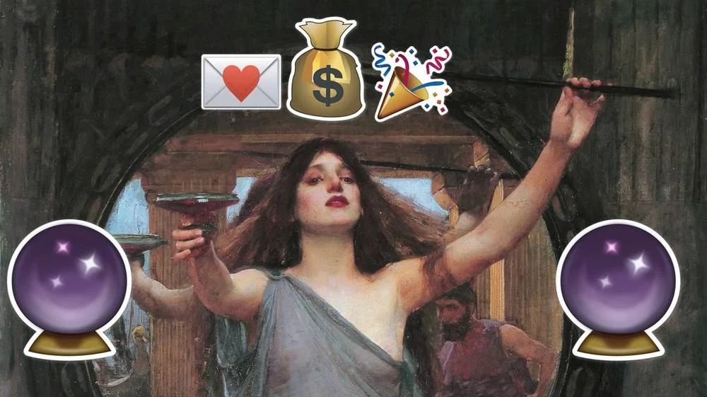 Header image for the Emoji Spells meme, combining witchcraft imagery with emoji symbols cast as magical spells.