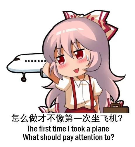 An 'Emoting Mokou' sticker showing the character nervously asking for first-time flyer advice, captioned in English and Chinese.