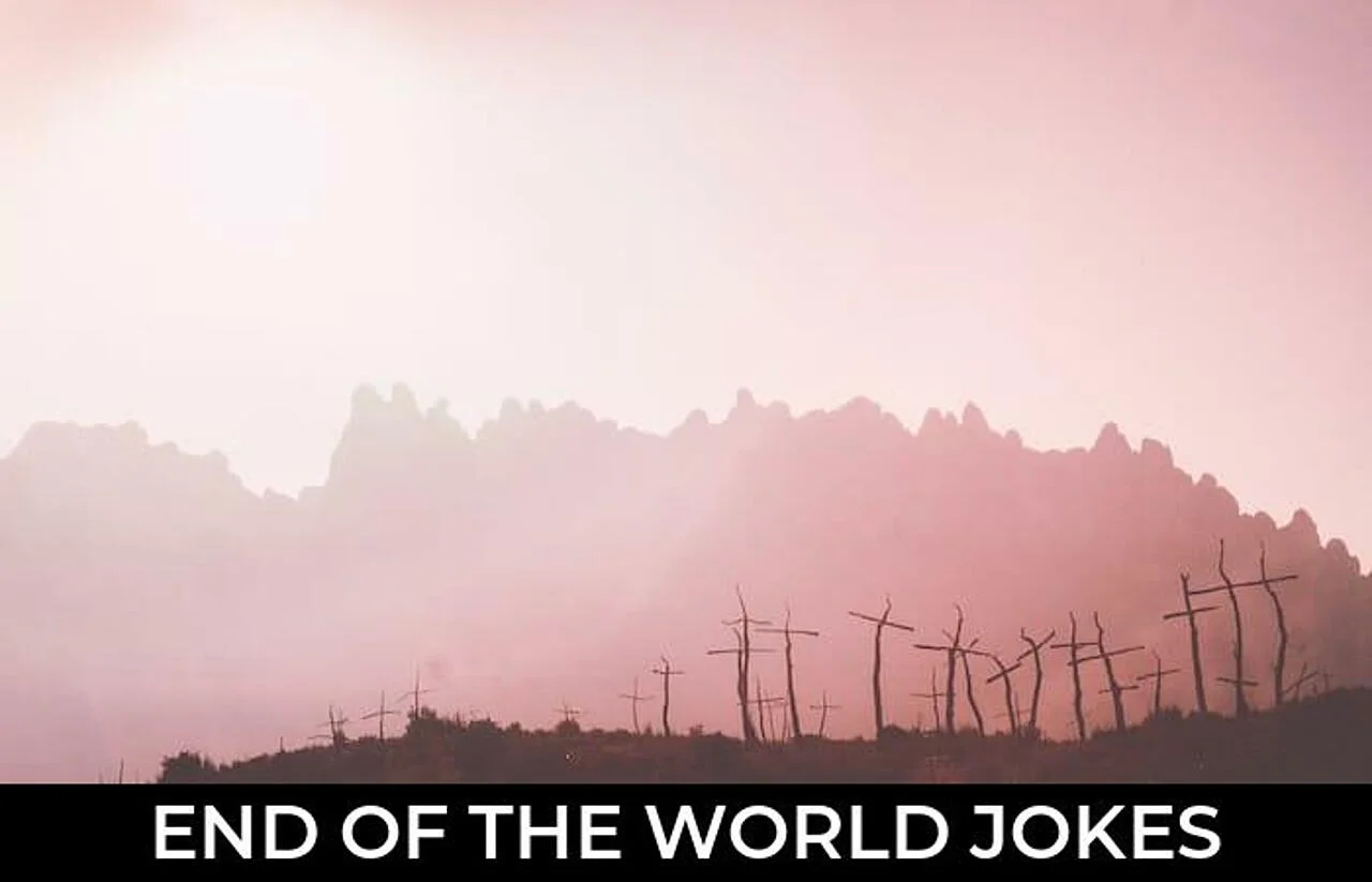 Post-apocalyptic sunset with grave crosses and text 'End of the World Jokes'