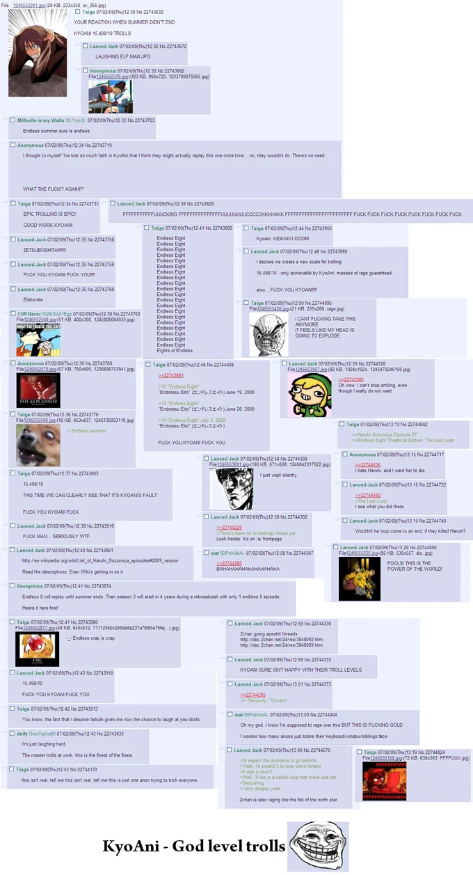 A 4chan thread capturing real-time viewer reactions as fans realized KyoAni was airing the same 'Endless Eight' episode multiple times.