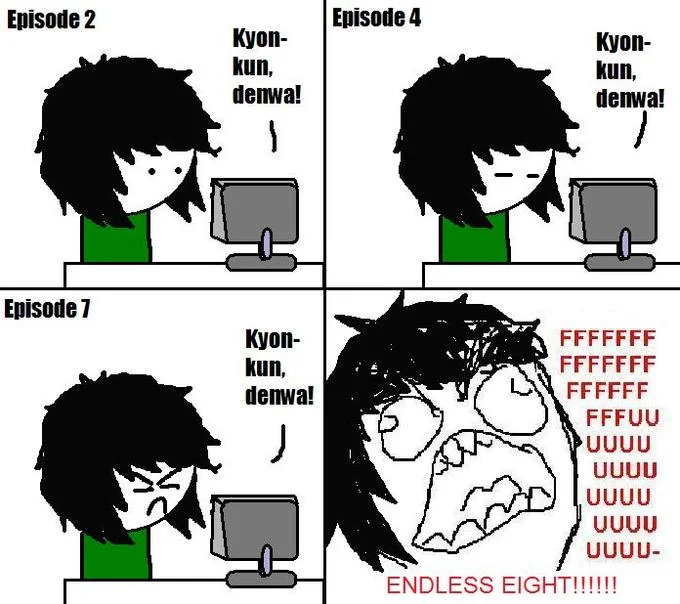 A fan-made rage comic capturing viewer frustration with the repeated 'Kyon-kun, denwa!' scene throughout the Endless Eight arc.
