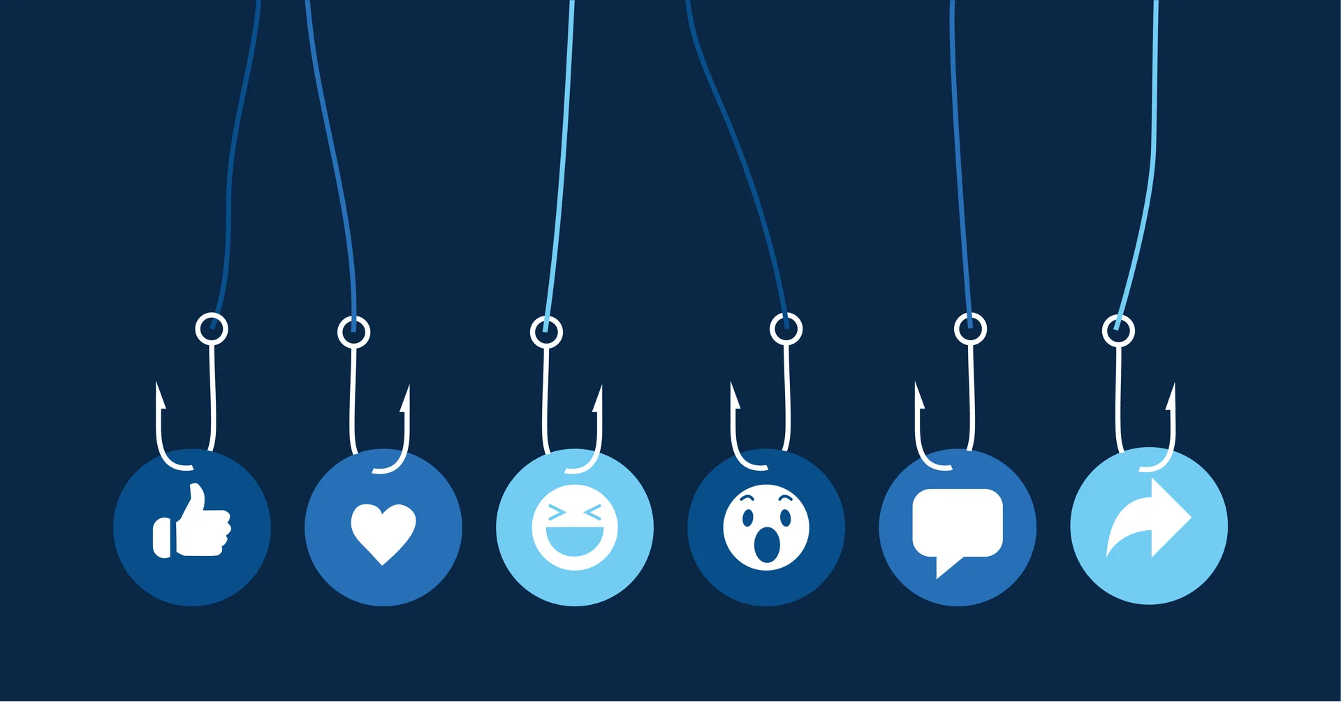 An illustration depicting social media engagement icons as bait on fishing hooks, symbolizing the manipulative nature of engagement bait tactics.