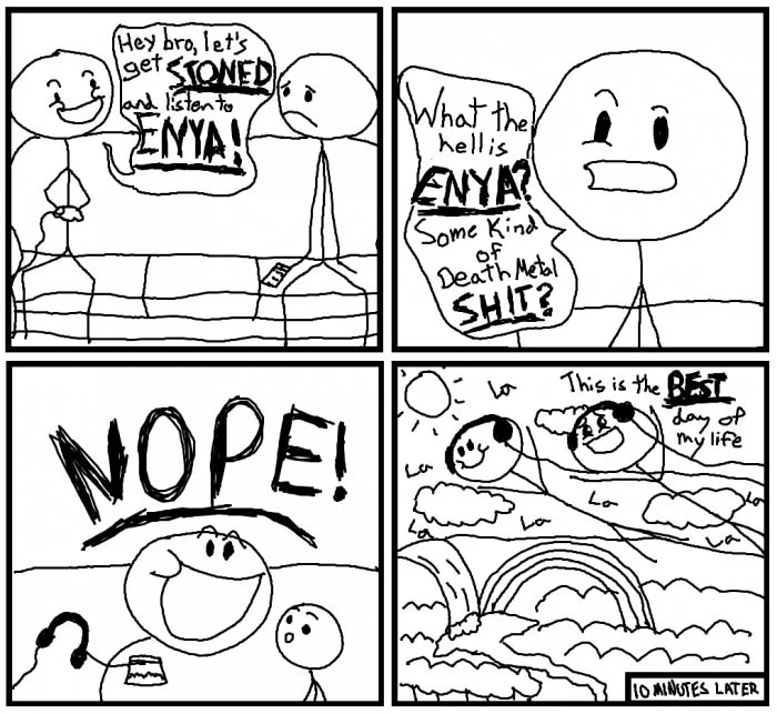 A popular stick-figure webcomic illustrating the transformative power of Enya's 'Only Time,' which became a widely shared meme image.