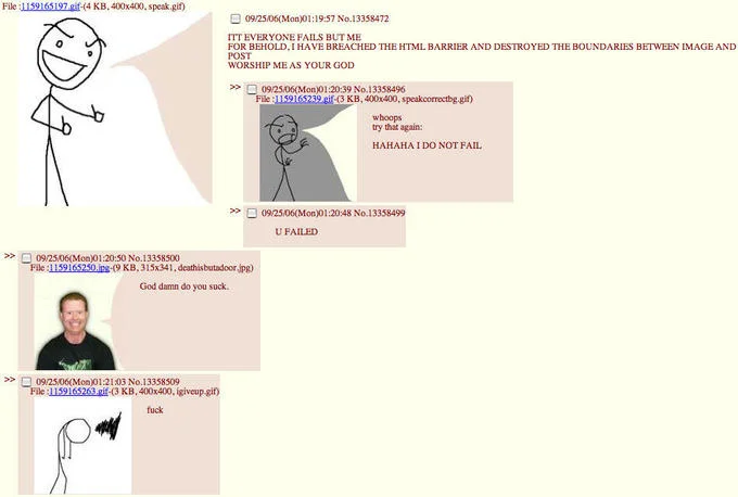 The original September 2006 4chan thread widely credited as the birthplace of the Epic Fail Guy meme.