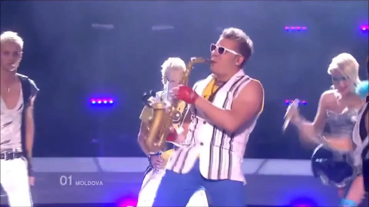 The original Eurovision 2010 performance by Moldovan band SunStroke Project featuring saxophonist Sergey Stepanov, whose looping riff became known as 'Epic Sax Guy'.