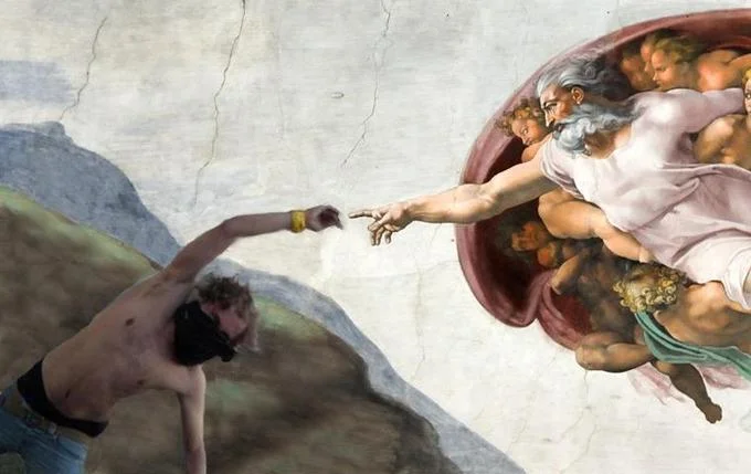 Er Pelliccia fire extinguisher inserted into Renaissance masterpiece composition.