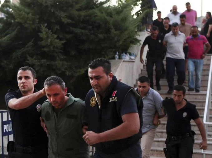Turkish police escort suspected coup plotters into custody following the failed 2016 military uprising.