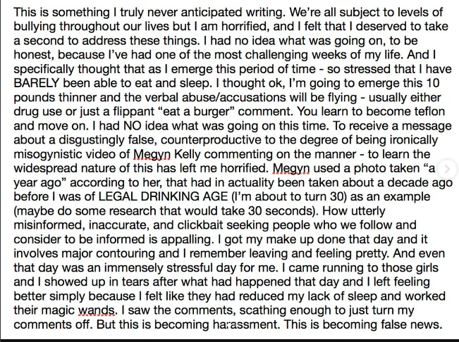An extended text-based post reacting to the widespread online debate surrounding Erin Moriarty's appearance.