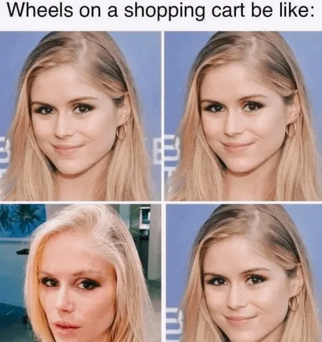 A four-panel meme mocking the changes in Erin Moriarty's appearance with the popular 'wheels on a shopping cart' format.