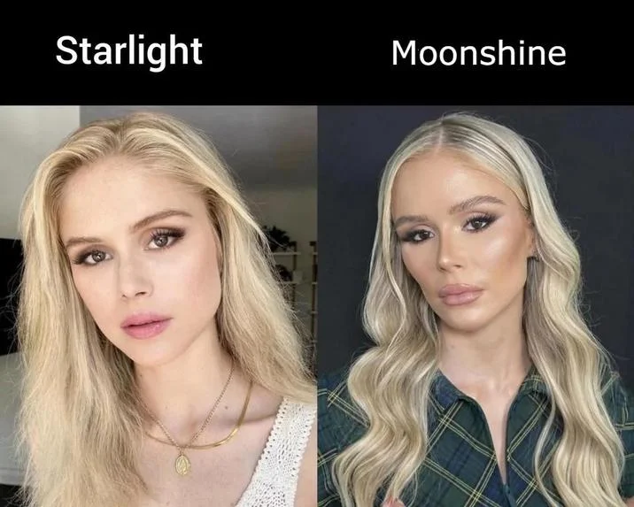 A 'Starlight vs Moonshine' variant meme highlighting the perceived transformation of Erin Moriarty's appearance.
