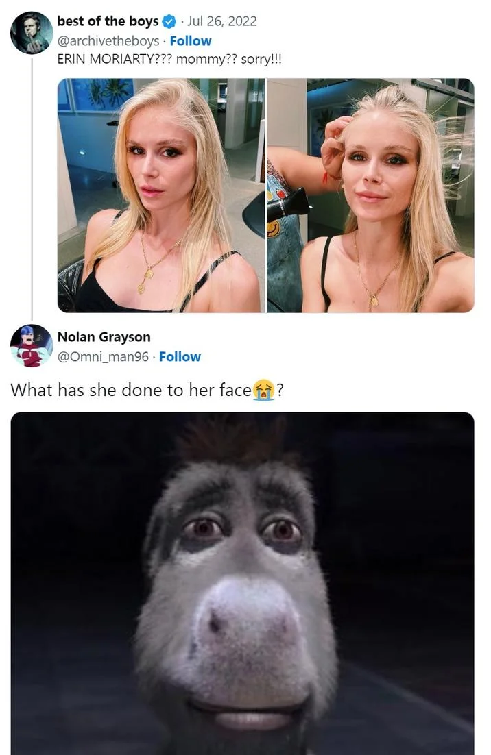 One of the earliest viral Twitter reactions to Erin Moriarty's changed appearance, complete with a shocked donkey reaction image.