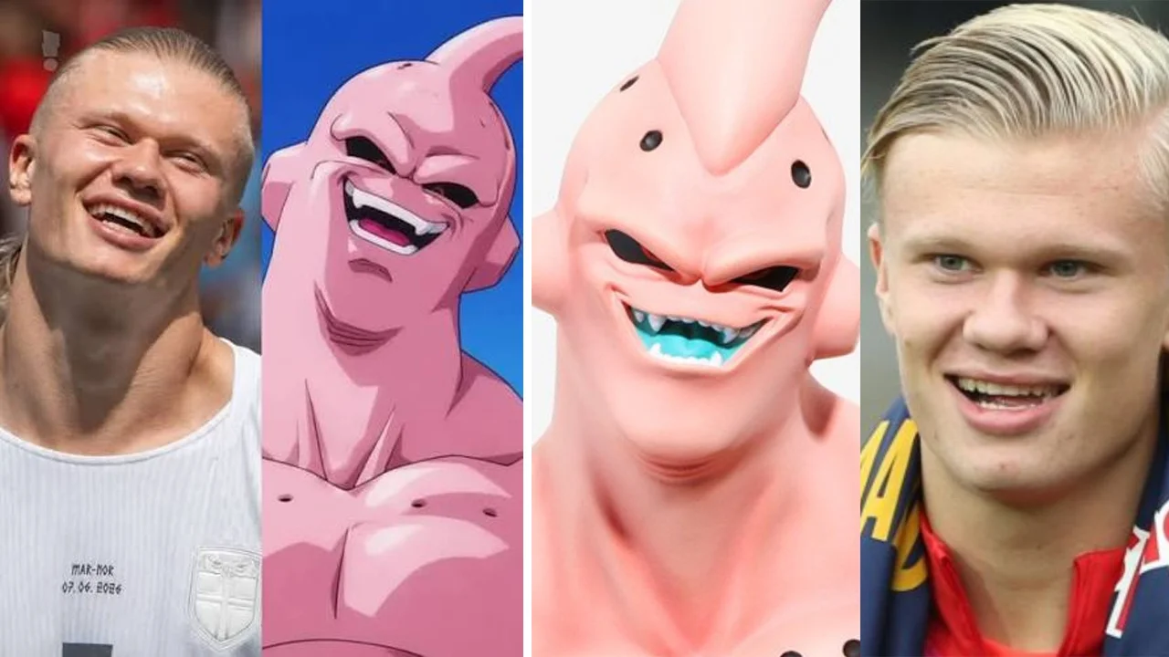 Banner image for the meme comparing Erling Haaland's facial features to Dragon Ball Z's Majin Buu.