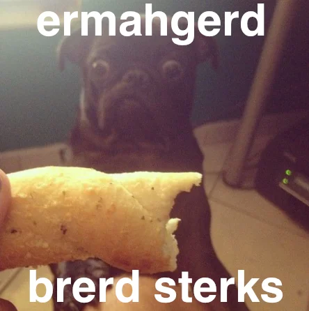 Food photography variation applying the meme's phonetic text style.