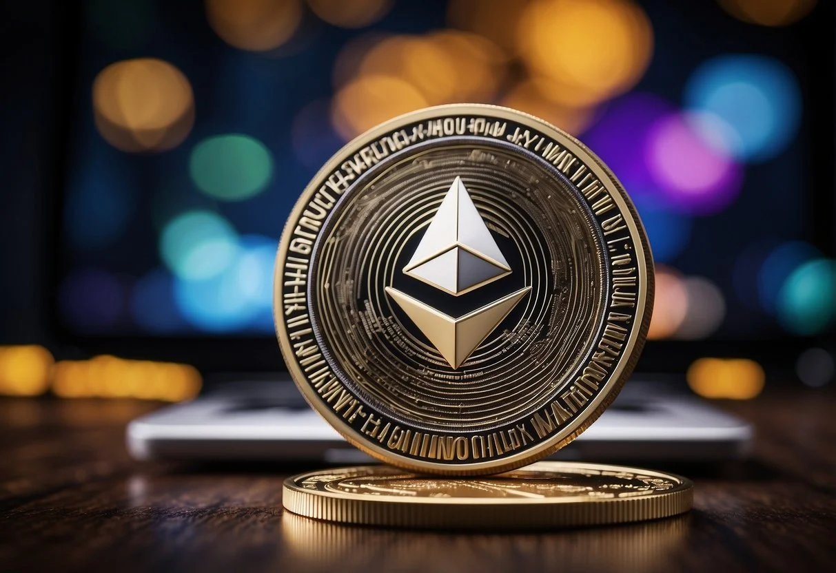 Professional rendering of Ethereum coin with bokeh lighting effects.