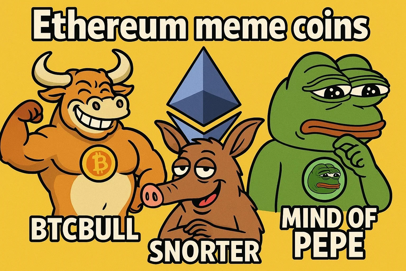 Crypto meme featuring Ethereum logo with meme coin character mascots.