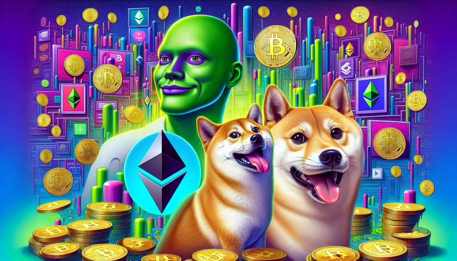 Vibrant crypto-themed artwork featuring Ethereum and Bitcoin imagery.