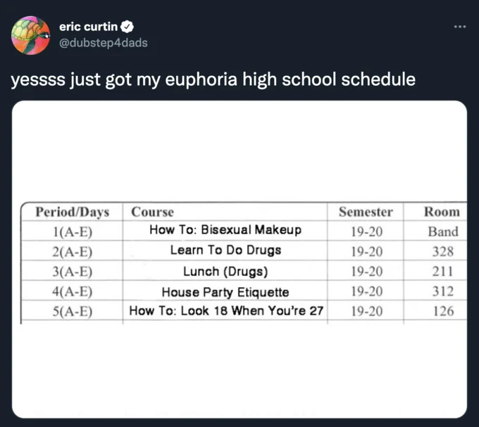 A parody class schedule tweet joking about the ridiculous curriculum of Euphoria's fictional high school.