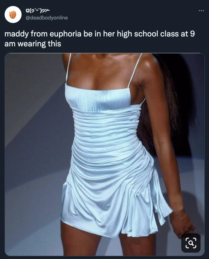 A tweet mocking the elaborate outfits worn by Euphoria's Maddy character in casual school settings.