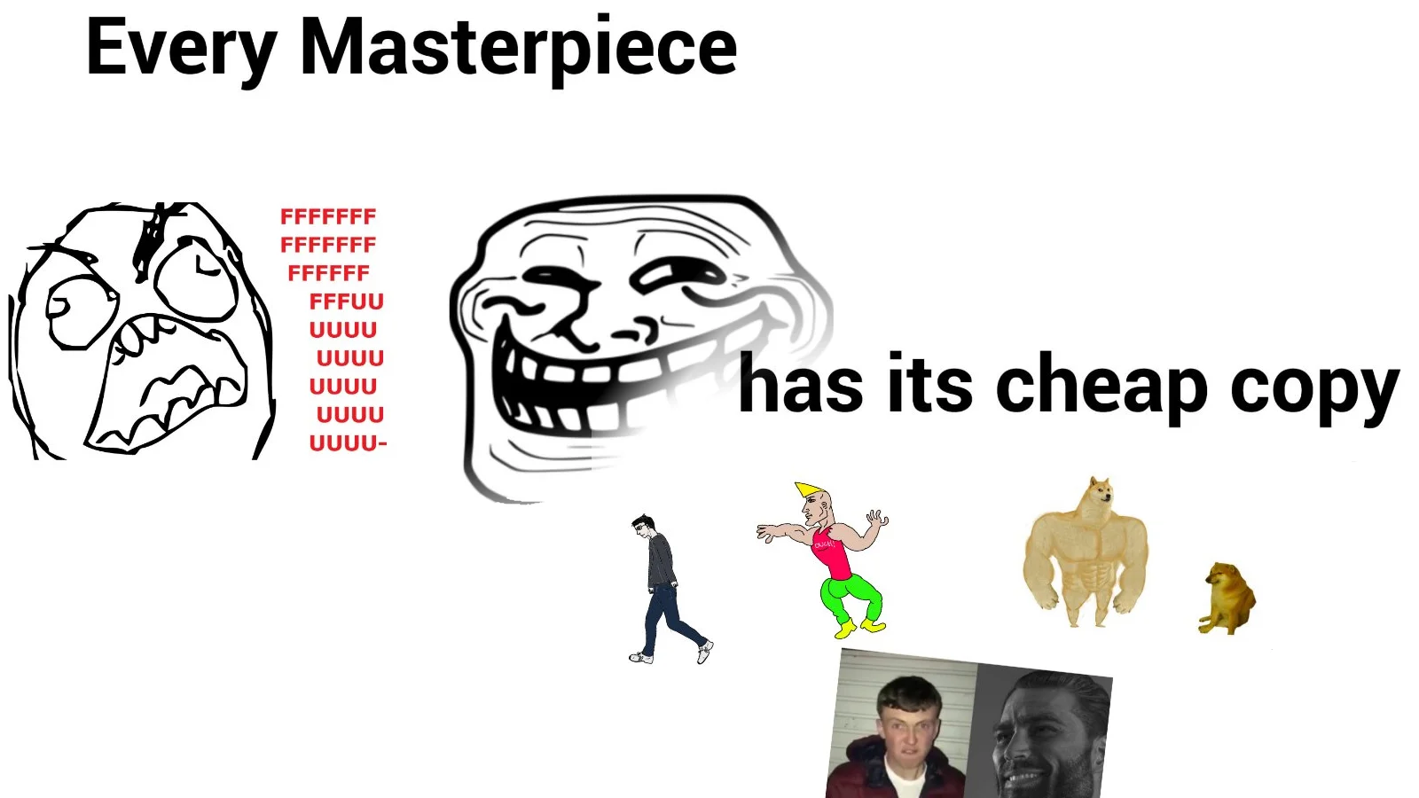 The cover image illustrates the 'Every Masterpiece Has Its Cheap Copy' meme format by juxtaposing classic rage comic faces with their modern meme descendants.