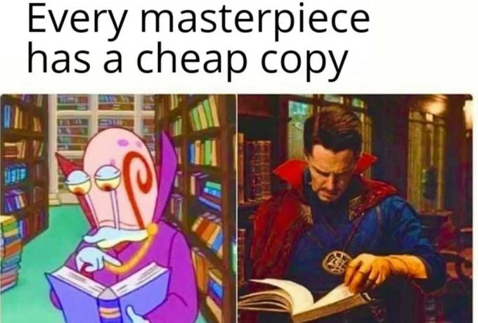 This entry pairs Mermaid Man from SpongeBob with Doctor Strange, suggesting Marvel's sorcerer is a knockoff of the SpongeBob superhero.