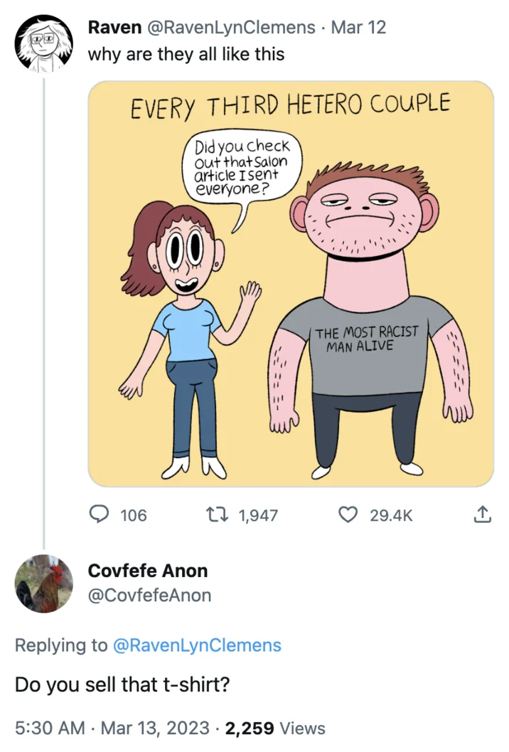 A reply asking whether the 'Most Racist Man Alive' shirt was available for purchase, a common response to the cartoon.