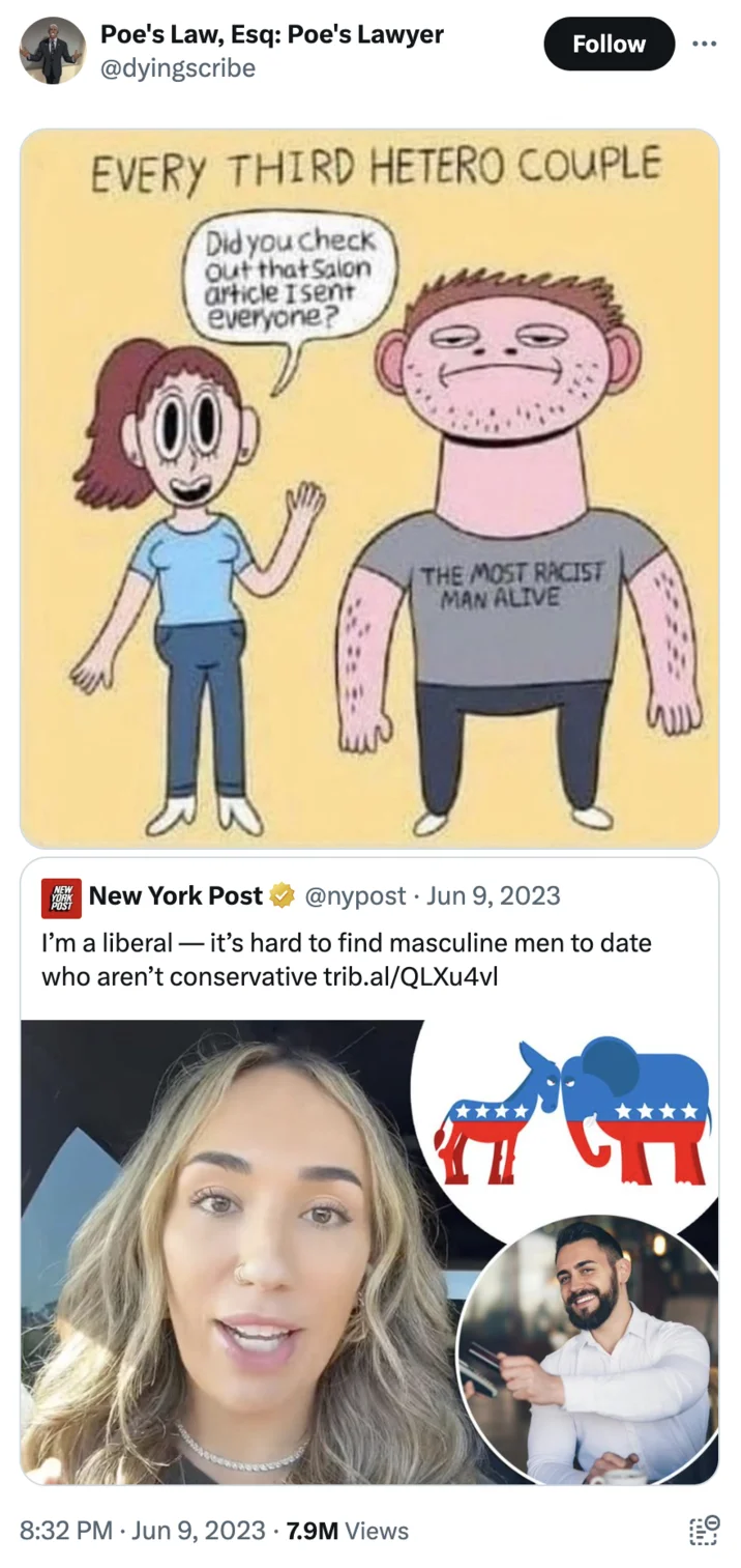 A juxtaposition post using the cartoon to mock a New York Post article about liberals struggling to date masculine men.