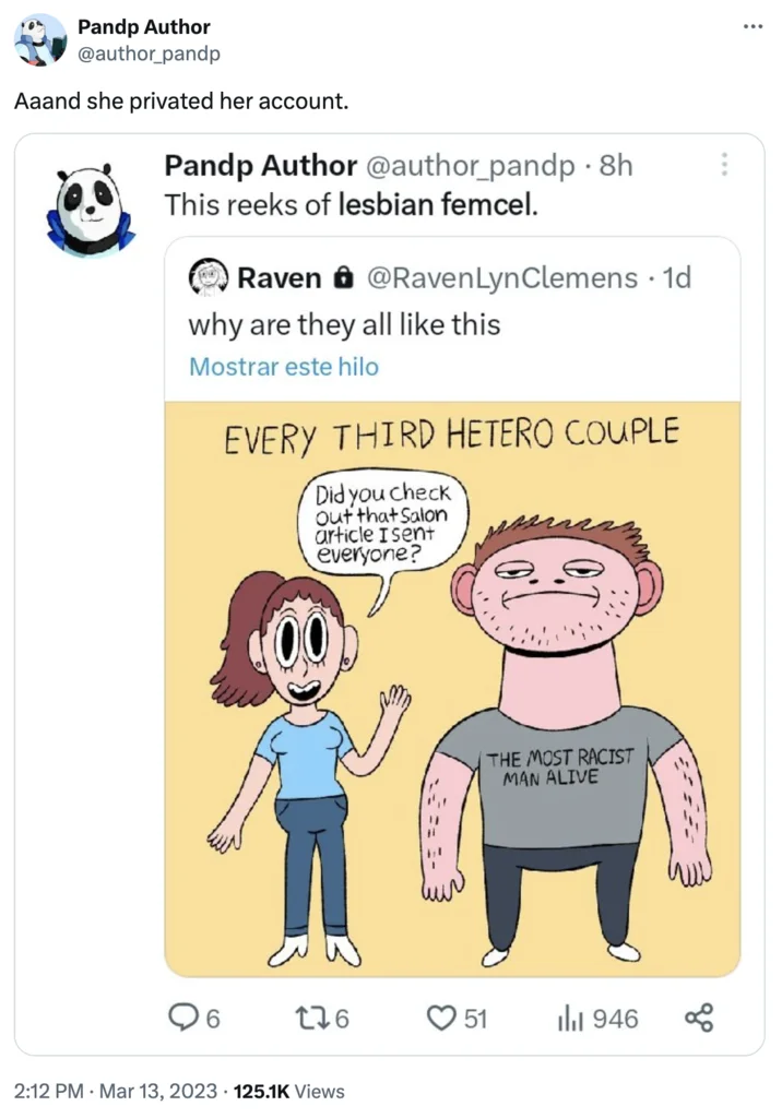 A critical quote-tweet dismissing the cartoon as 'lesbian femcel' content, illustrating the polarized reception.