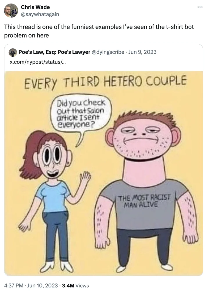 A widely shared tweet highlighting how bot accounts repeatedly asked to sell the fictional 'Most Racist Man Alive' shirt.