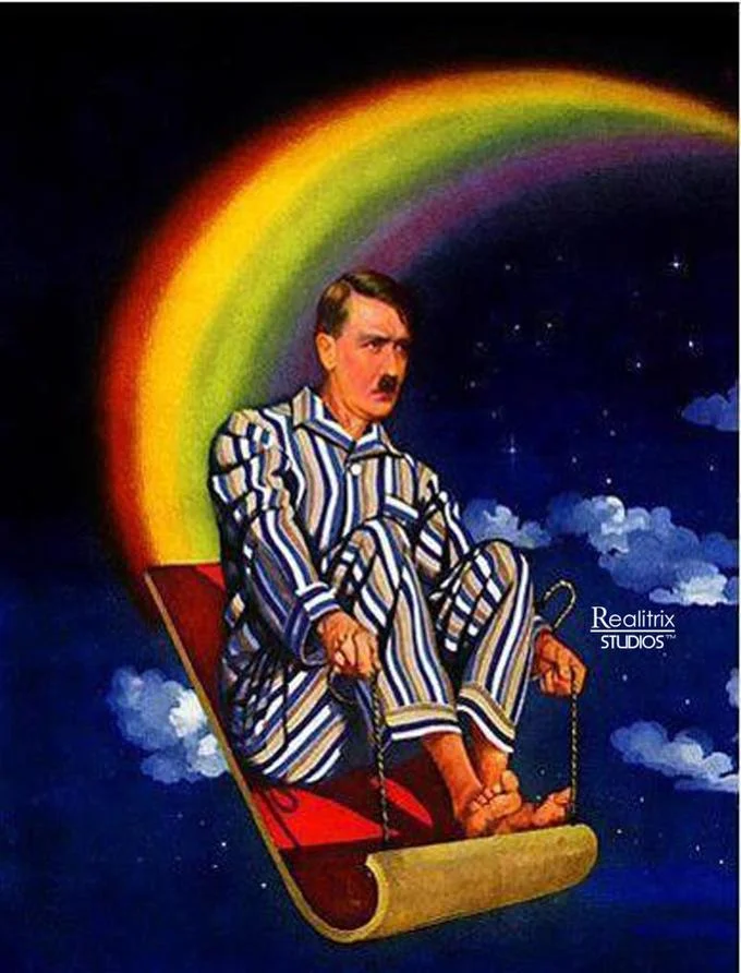 An early cartoon variant of the meme depicting Hitler sliding down a rainbow on a parody children's book cover.