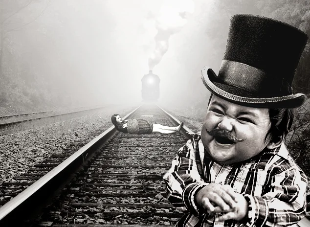 A classic photoshop remix casting the Evil Toddler as a silent-film villain tying a victim to the railroad tracks.