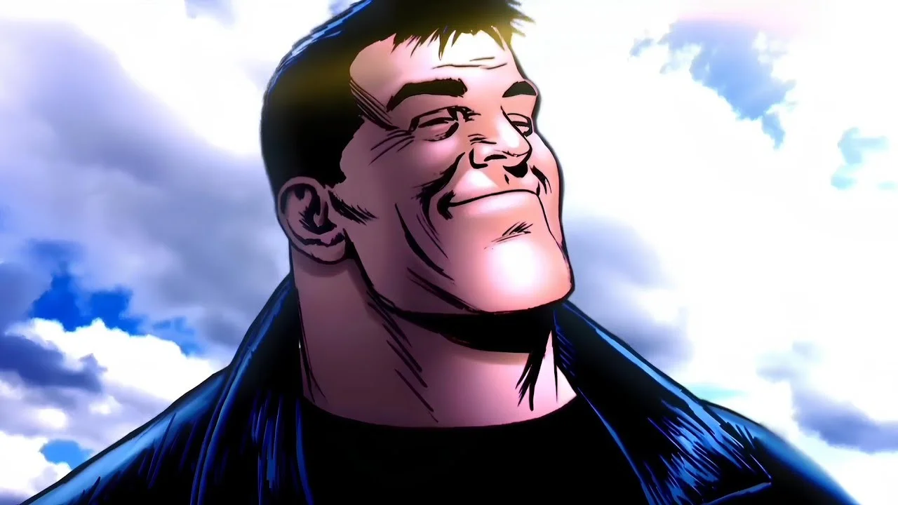 The signature smug-faced Billy Butcher panel from The Boys comic that serves as the template for the 'Excuse Me Sir' edit format.