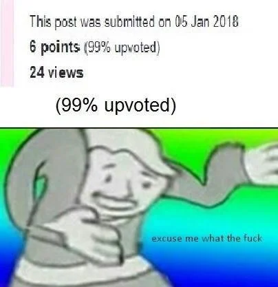 A meta example poking fun at a post being '99% upvoted' with only 24 views, illustrated with the 'excuse me what the fuck' template.