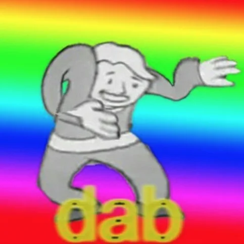 A rainbow-backed 'dab' variant using the Vault Boy mascot, showing how the character became a broader meme reaction template.