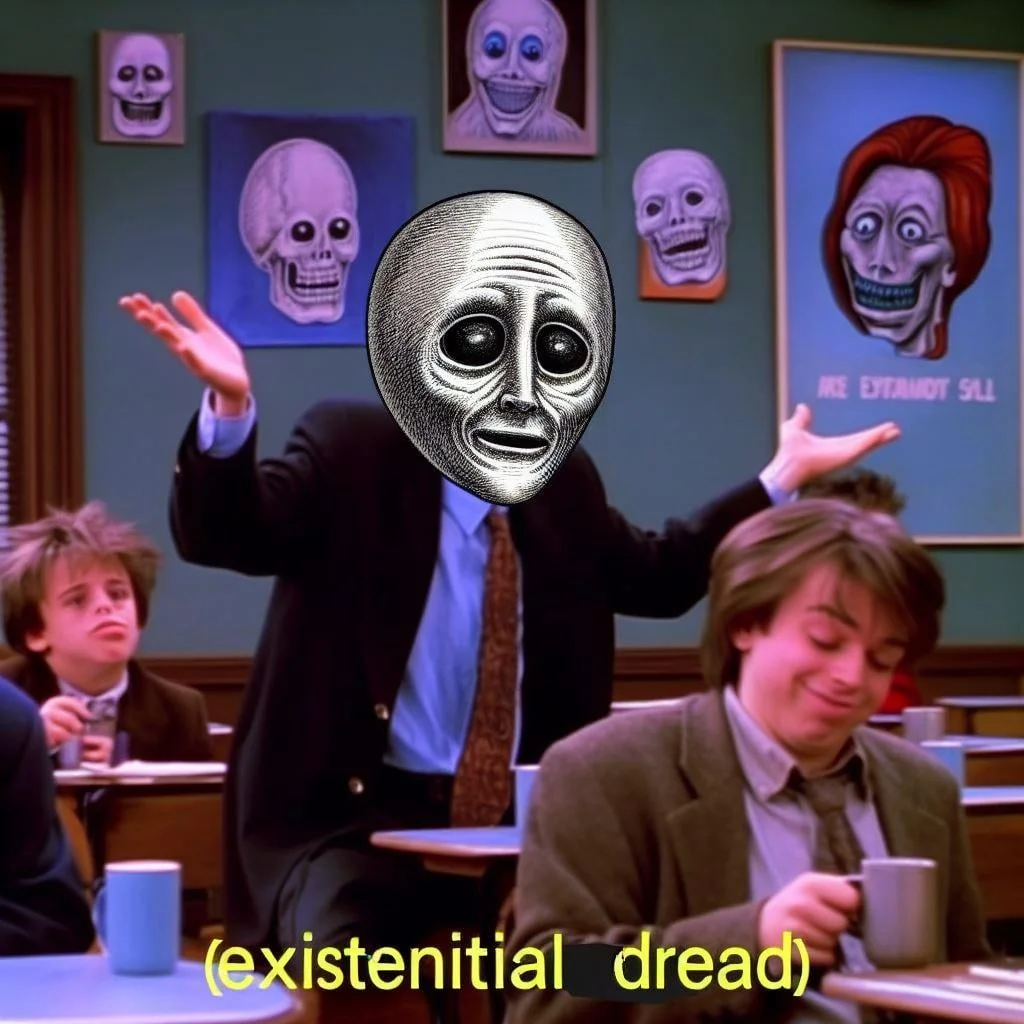Skull-headed figure in courtroom labeled existential dread
