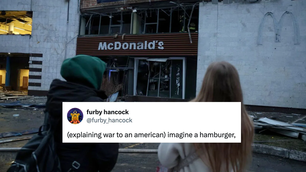 The originating tweet by furby_hancock (Feb 24, 2022) paired with a photo of a destroyed Ukrainian McDonald's, which launched the 'imagine a burger' format.