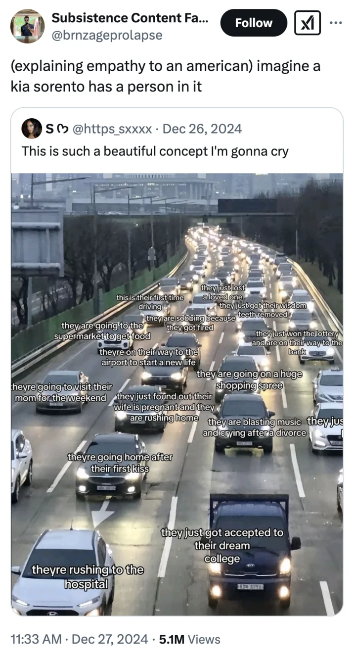 A December 2024 variant extending the format beyond burgers, using a Kia Sorento to satirize American car-centric empathy.