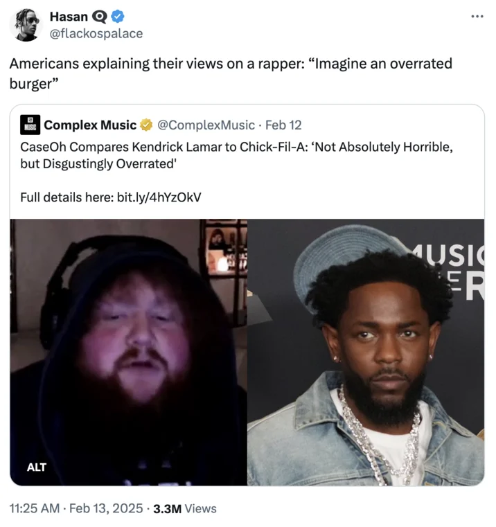 A February 2025 variant applying the burger explainer format to American discourse about rappers and fast food takes.