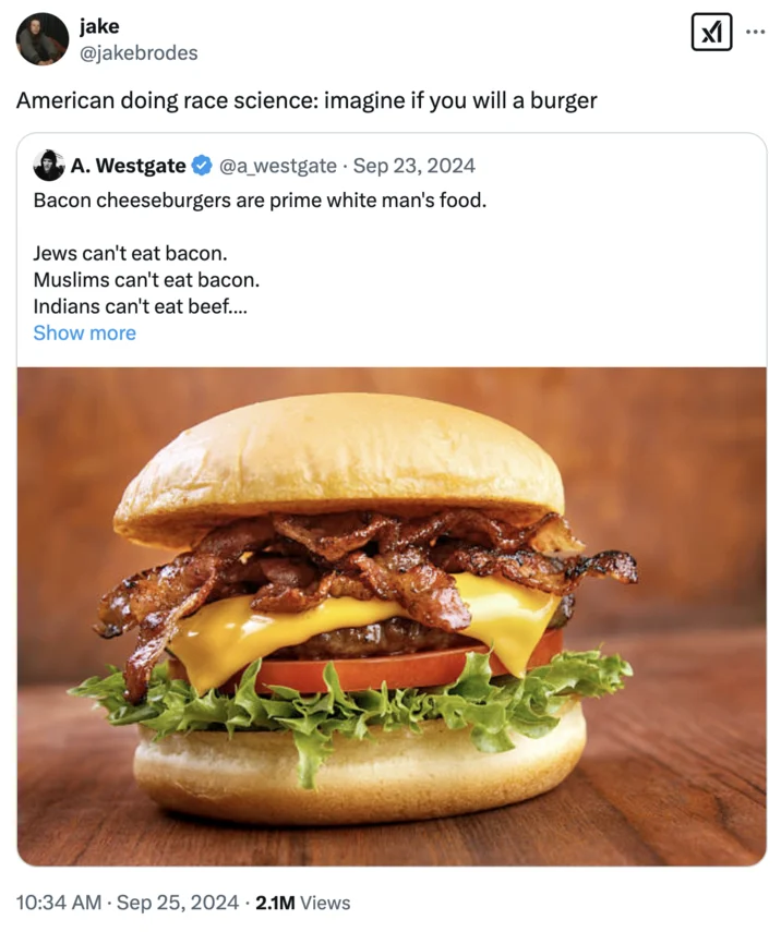 A September 2024 variant applying the burger format to satirize American race science discourse.