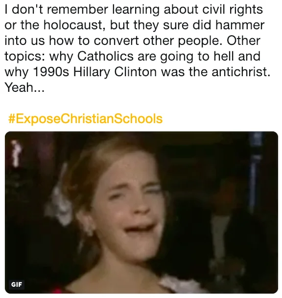 Personal testimony combined with reaction-GIF humor about curriculum extremism.