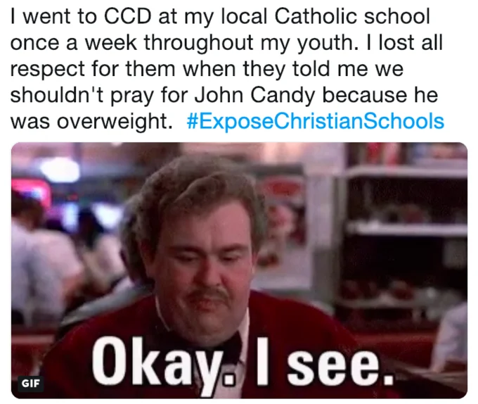 Personal testimony with darkly comic visual irony from reaction-GIF humor.