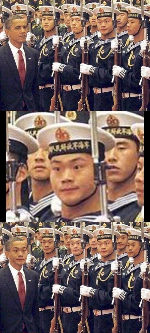 A challenge image using the facebomb face-duplication effect to trick viewers into finding twins that don't exist.