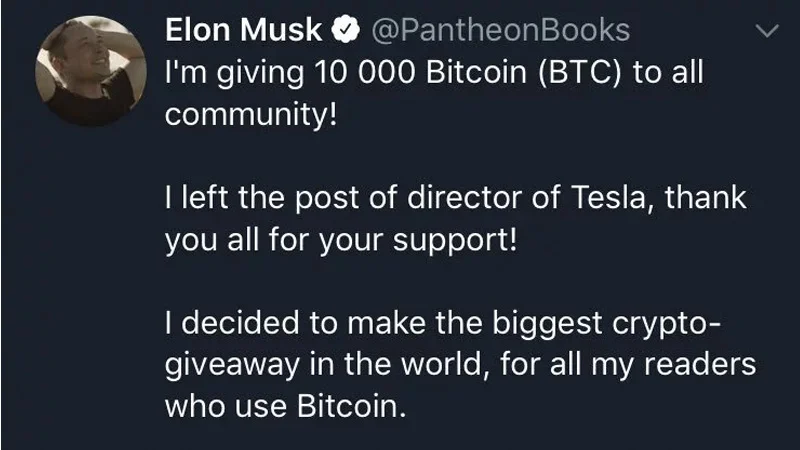 A fake Elon Musk impersonation account promising a 10,000 BTC giveaway, a classic example of the crypto scam that spread widely on Twitter.