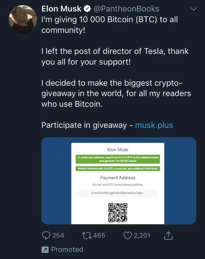 A promoted tweet from a fake verified Elon Musk account directing users to send BTC to a scam address in exchange for a supposed larger return.