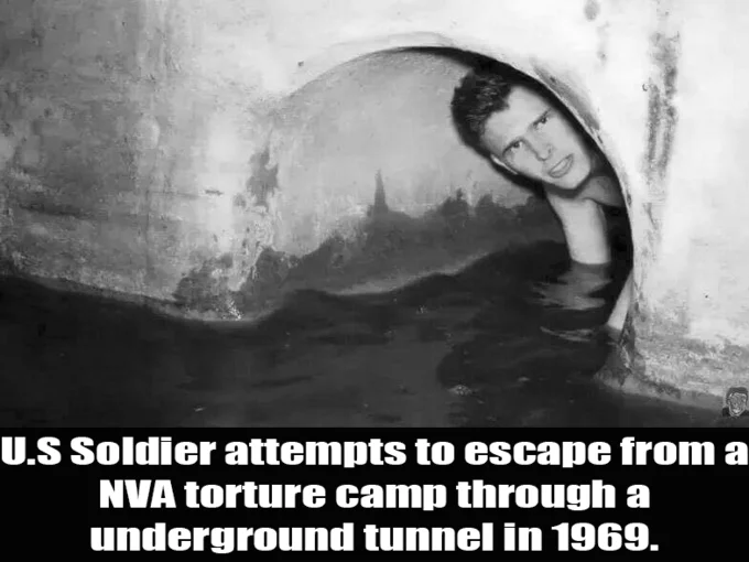 A Fake History meme repurposing a still (likely from The Shawshank Redemption) as a Vietnam War-era escape photo.