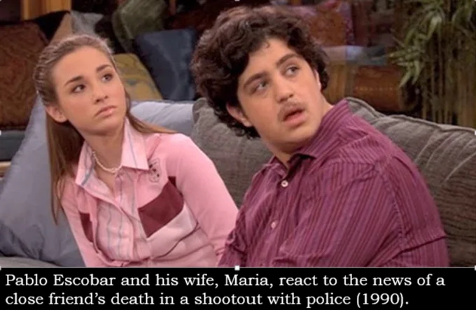 Fake History meme labeling a Drake & Josh sitcom scene as Pablo Escobar and his wife reacting to a friend's death in 1990.